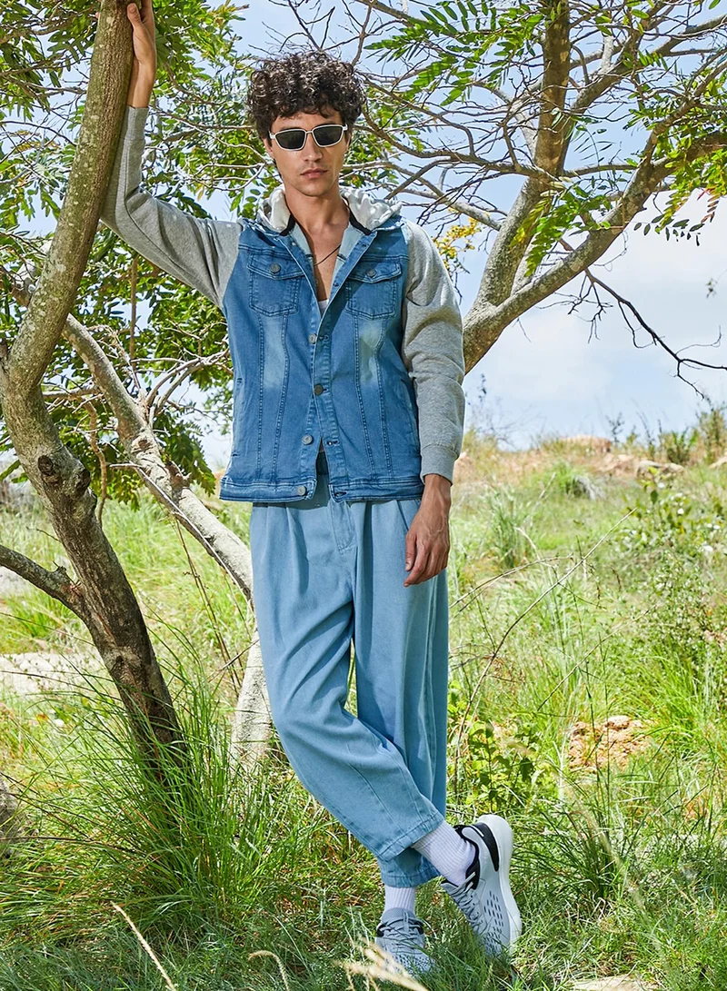 CAHOOT  Men's Blue & Grey Light-Wash Denim Jacket With Sweatshirt Sleeve For Casual Wear | Hooded Neck | Long Sleeve | Button Closure | Cotton Jacket Crafted With Comfort Fit For Everyday Wear for Men | Best Price UAE
